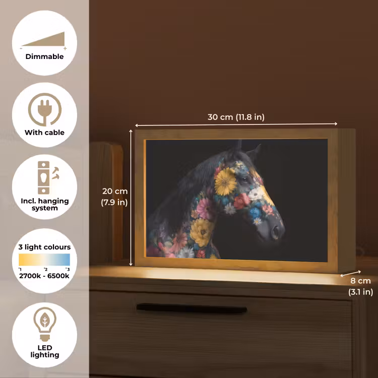 Paard - Bloemen - Zwart Light Box met kabel (Tafellamp) klein -USP_EN