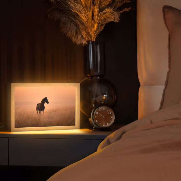Paard - Grasveld - Zonsondergang Light Box met kabel (Tafellamp) klein -sfeer1