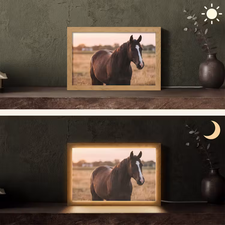 Paard - Zonsondergang - Bruin Light Box met kabel (Tafellamp) klein -sfeer3