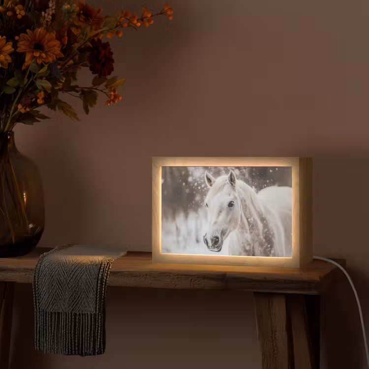 Paard - Wit - Winter - Natuur - Sneeuw - Dieren Light Box met kabel (Tafellamp) klein -sfeer4
