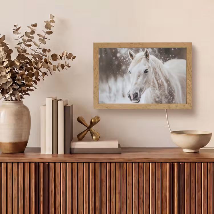 Paard - Wit - Winter - Natuur - Sneeuw - Dieren Light Box met kabel (Tafellamp) klein -sfeer2