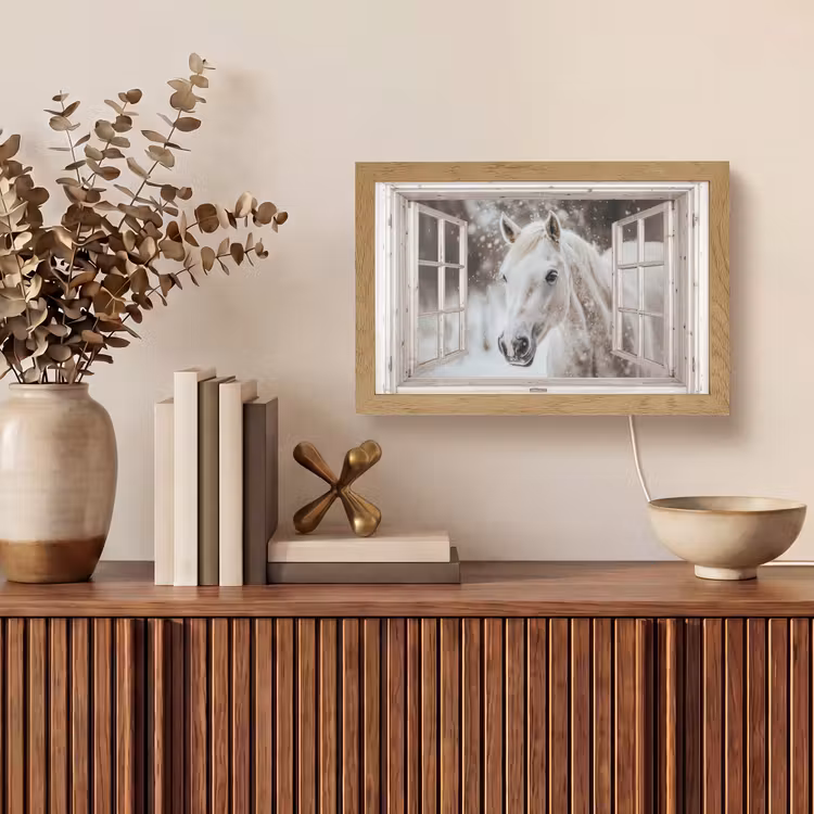 Paard - Wit - Winter - Sneeuw - Doorkijk - Dieren Light Box met kabel (Tafellamp) klein -sfeer2