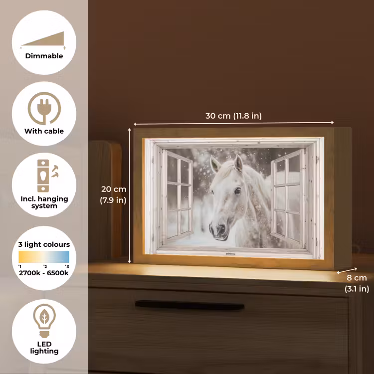 Paard - Wit - Winter - Sneeuw - Doorkijk - Dieren Light Box met kabel (Tafellamp) klein -USP_EN
