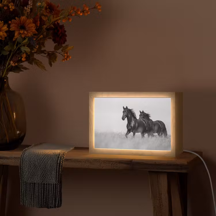 Paarden - Gras - Zwart - Wit Light Box met kabel (Tafellamp) klein -sfeer4