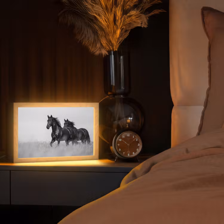 Paarden - Gras - Zwart - Wit Light Box met kabel (Tafellamp) klein -sfeer1