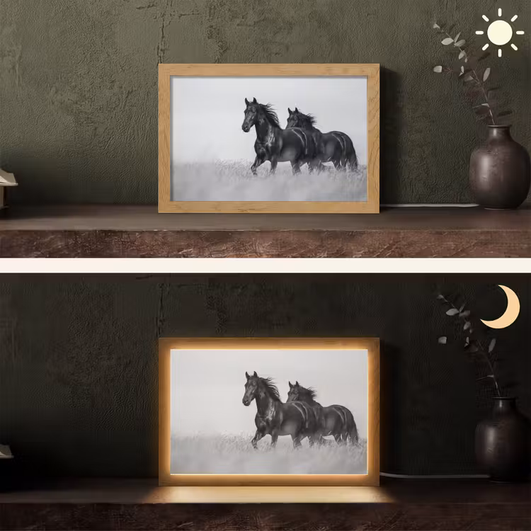 Paarden - Gras - Zwart - Wit Light Box met kabel (Tafellamp) klein -sfeer3