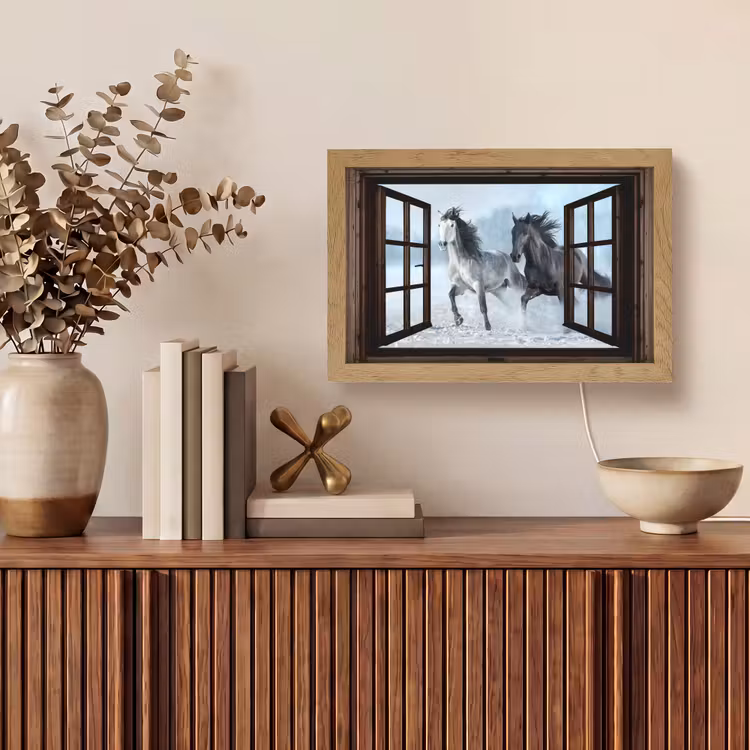 Paarden - Winter - Dieren - Natuur - Doorkijk Light Box met kabel (Tafellamp) klein -sfeer2