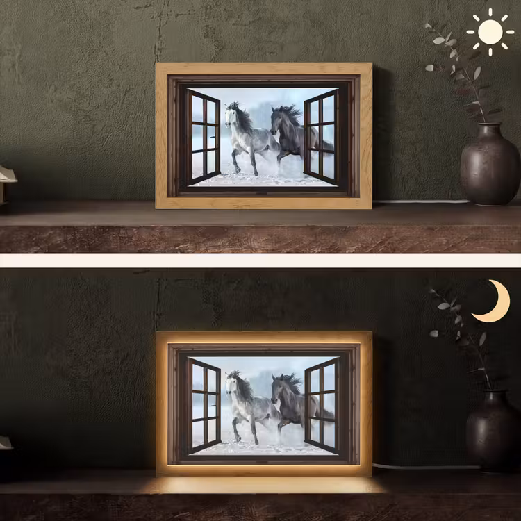 Paarden - Winter - Dieren - Natuur - Doorkijk Light Box met kabel (Tafellamp) klein -sfeer3
