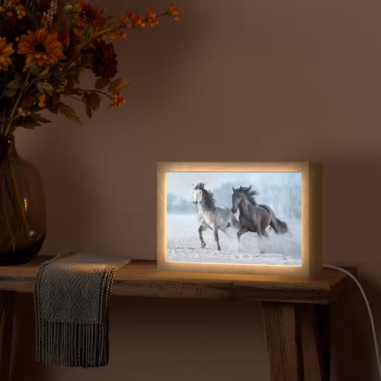 Paarden - Winter - Dieren - Natuur - Sneeuw Light Box met kabel (Tafellamp) klein -sfeer4