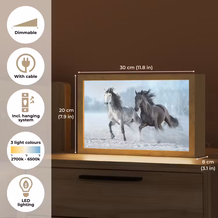 Paarden - Winter - Dieren - Natuur - Sneeuw Light Box met kabel (Tafellamp) klein -USP_EN