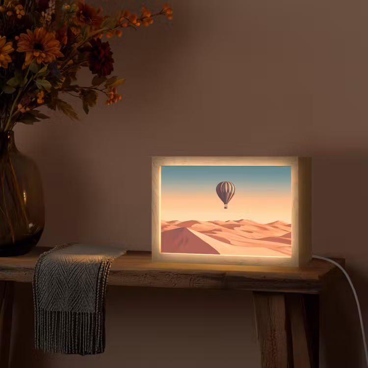 Luchtballon - Woestijn - Zonsondergang - Blauw Light Box met kabel (Tafellamp) klein -sfeer4