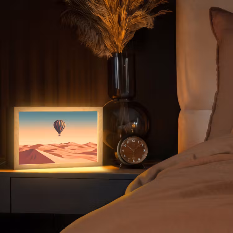 Luchtballon - Woestijn - Zonsondergang - Blauw Light Box met kabel (Tafellamp) klein -sfeer1