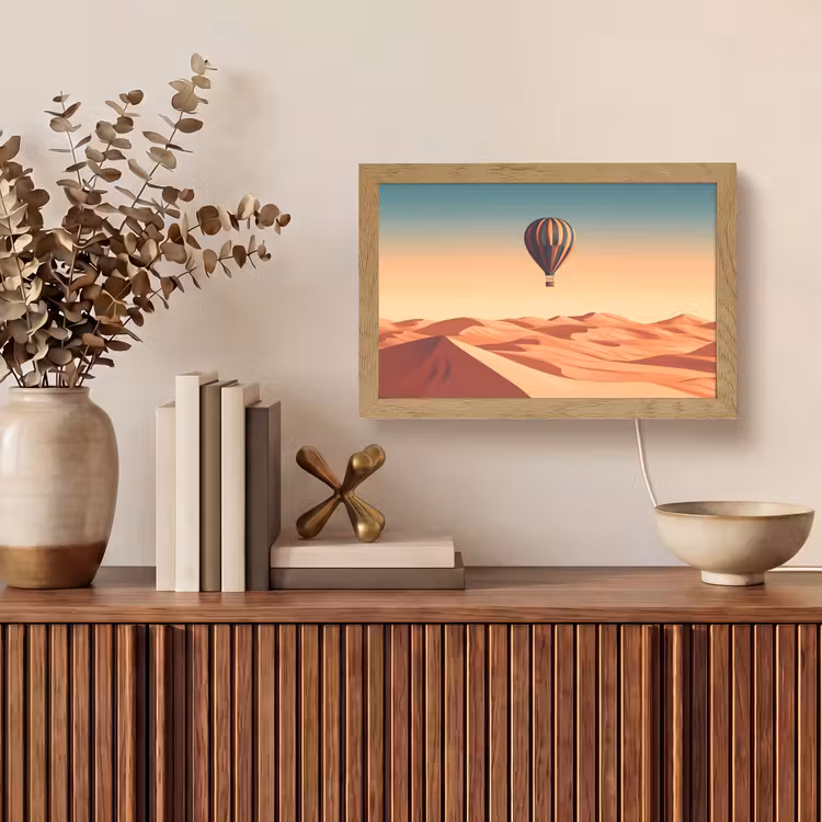 Luchtballon - Woestijn - Zonsondergang - Blauw Light Box met kabel (Tafellamp) klein -sfeer2