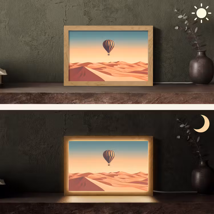 Luchtballon - Woestijn - Zonsondergang - Blauw Light Box met kabel (Tafellamp) klein -sfeer3