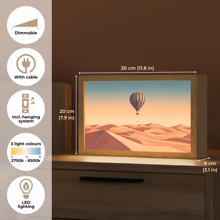 Luchtballon - Woestijn - Zonsondergang - Blauw Light Box met kabel (Tafellamp) klein -USP_EN