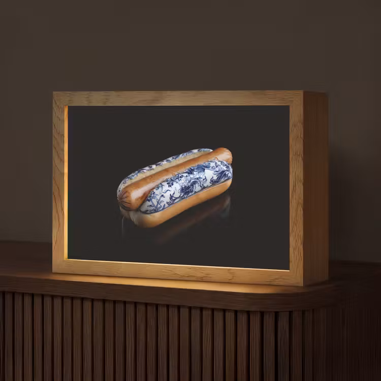 Hotdog - Porselein - Delfts blauw - Eten Light Box met kabel (Tafellamp) klein -z3d_website