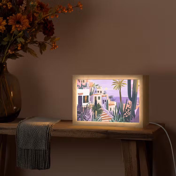 Huizen - Minimalistisch - Palmbomen - Kust Light Box met kabel (Tafellamp) klein -sfeer4