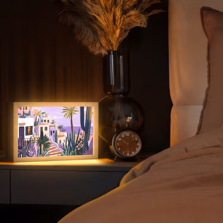 Huizen - Minimalistisch - Palmbomen - Kust Light Box met kabel (Tafellamp) klein -sfeer1