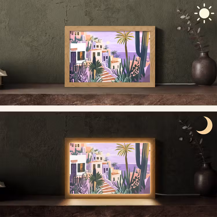 Huizen - Minimalistisch - Palmbomen - Kust Light Box met kabel (Tafellamp) klein -sfeer3