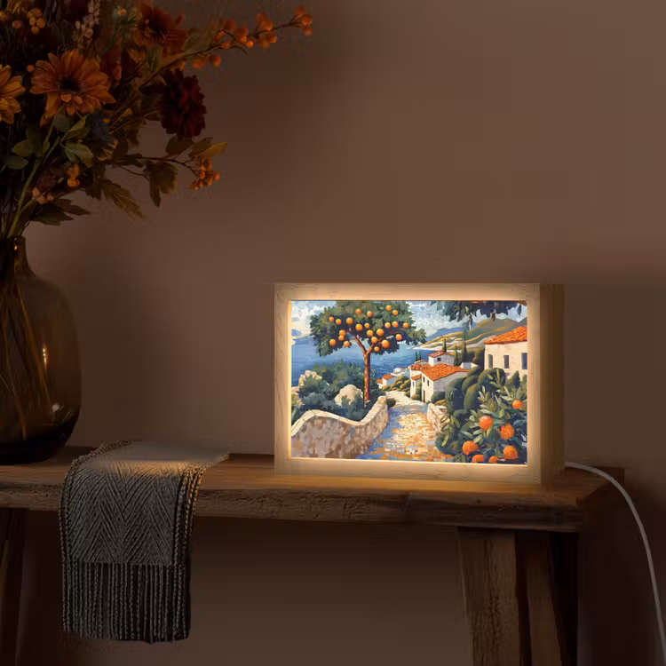 Huizen - Mozaïek - Sinaasappelbomen - Zee Light Box met kabel (Tafellamp) klein -sfeer4