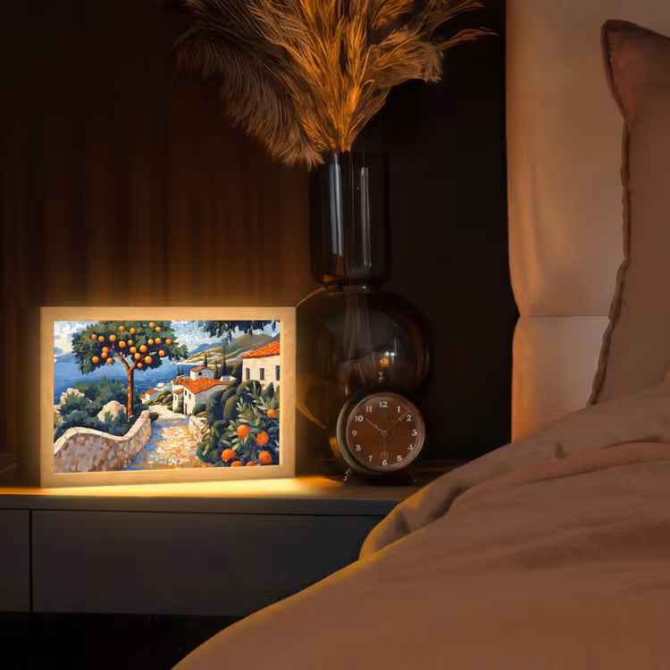 Huizen - Mozaïek - Sinaasappelbomen - Zee Light Box met kabel (Tafellamp) klein -sfeer1
