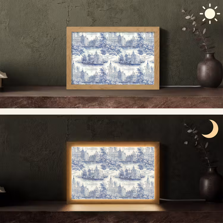 Huizen - Bomen - Water - Vogels - Blauw Light Box met kabel (Tafellamp) klein 924 -sfeer3
