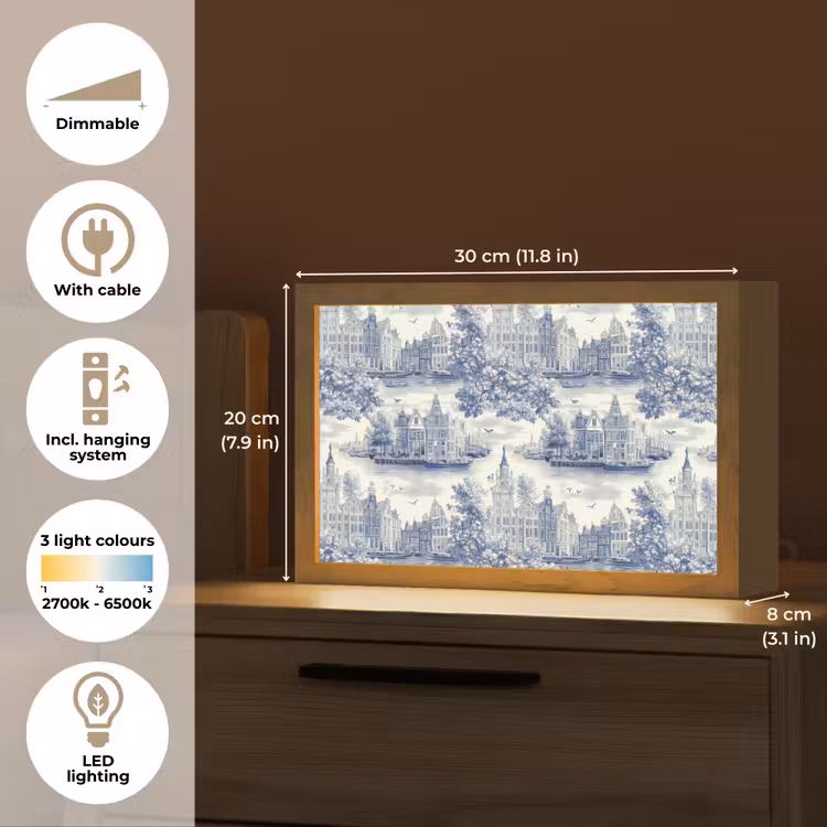 Huizen - Bomen - Water - Vogels - Blauw Light Box met kabel (Tafellamp) klein 924 -USP_EN