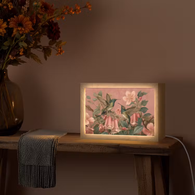 Kolibries - Bloemen - Groen - Roze Light Box met kabel (Tafellamp) klein -sfeer4