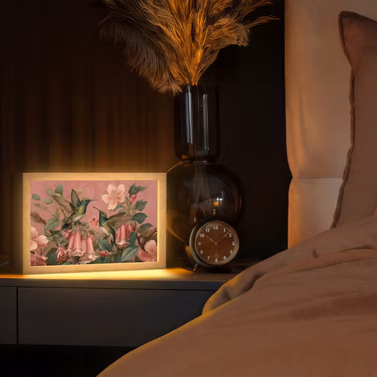 Kolibries - Bloemen - Groen - Roze Light Box met kabel (Tafellamp) klein -sfeer1