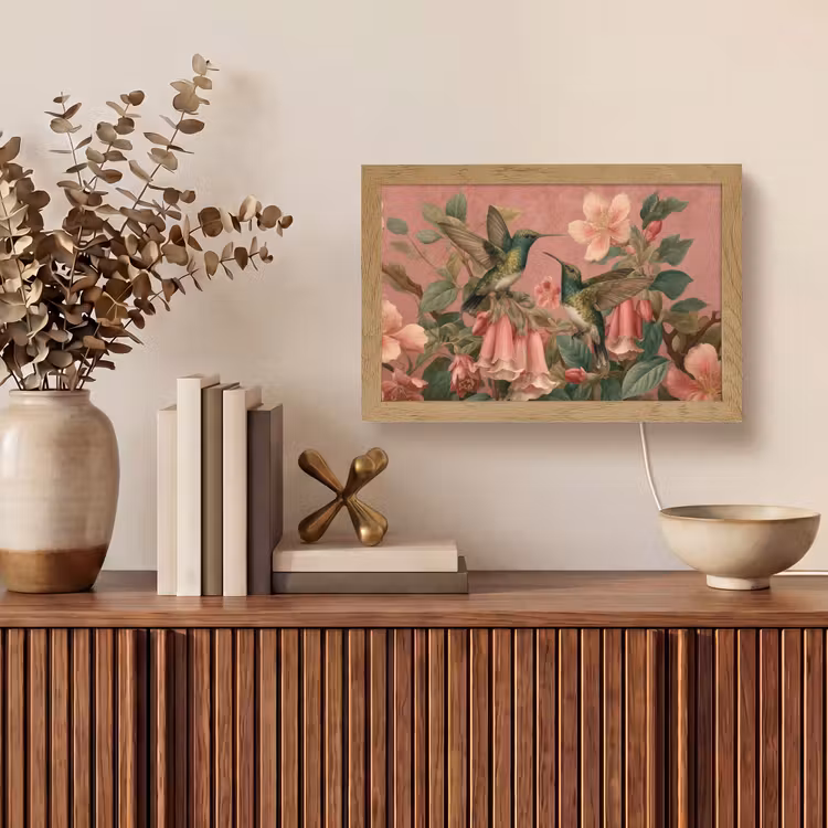 Kolibries - Bloemen - Groen - Roze Light Box met kabel (Tafellamp) klein -sfeer2