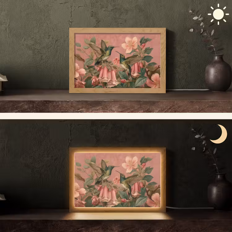 Kolibries - Bloemen - Groen - Roze Light Box met kabel (Tafellamp) klein -sfeer3
