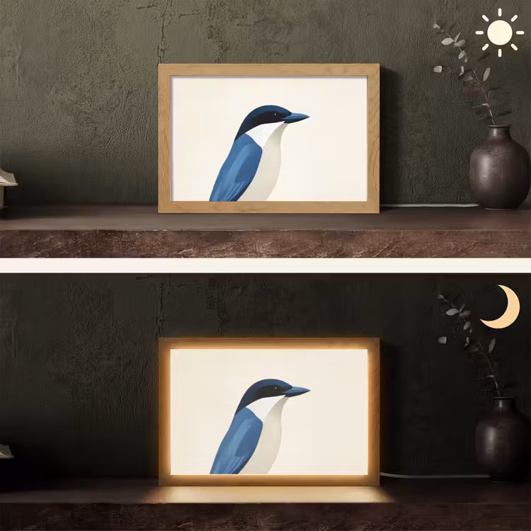 Illustratie - Blauw - Vogel Light Box met kabel (Tafellamp) klein -sfeer3