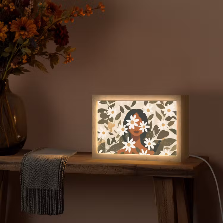 Illustratie - Vrouw - Madeliefjes - Wit Light Box met kabel (Tafellamp) klein -sfeer4