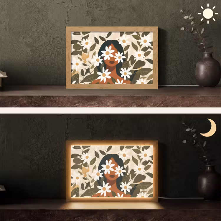 Illustratie - Vrouw - Madeliefjes - Wit Light Box met kabel (Tafellamp) klein -sfeer3