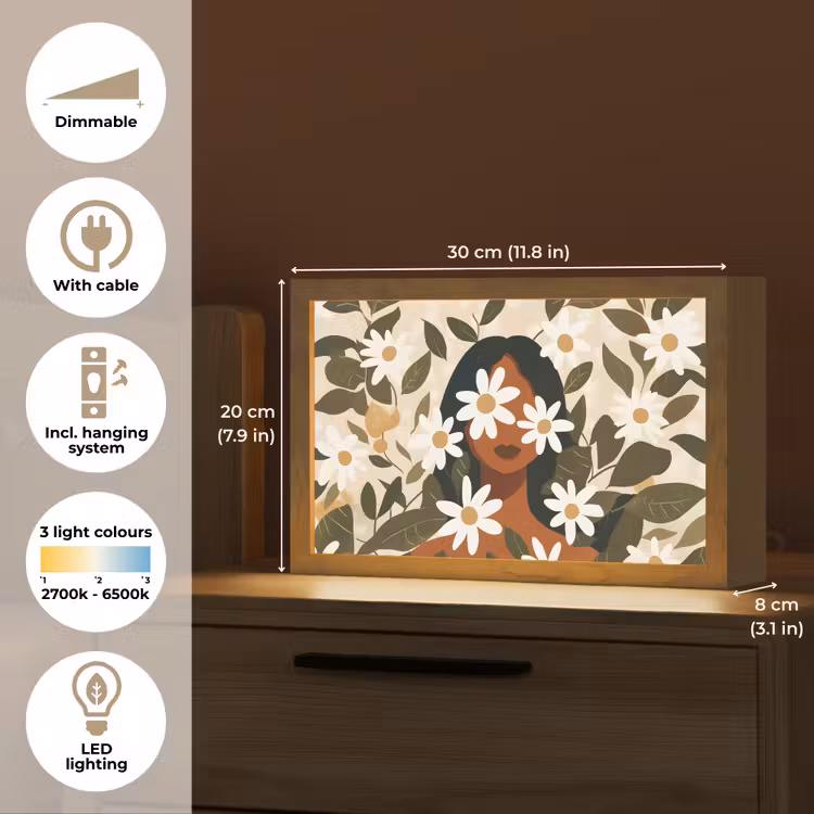 Illustratie - Vrouw - Madeliefjes - Wit Light Box met kabel (Tafellamp) klein -USP_EN