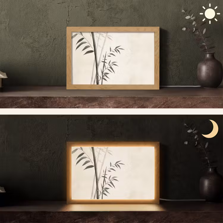 Japandi - Bamboe - Beige Light Box met kabel (Tafellamp) klein -sfeer3