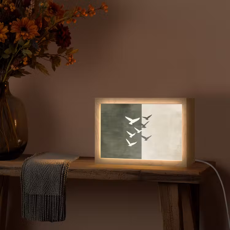 Japandi - Vogel - Groen Light Box met kabel (Tafellamp) klein -sfeer4
