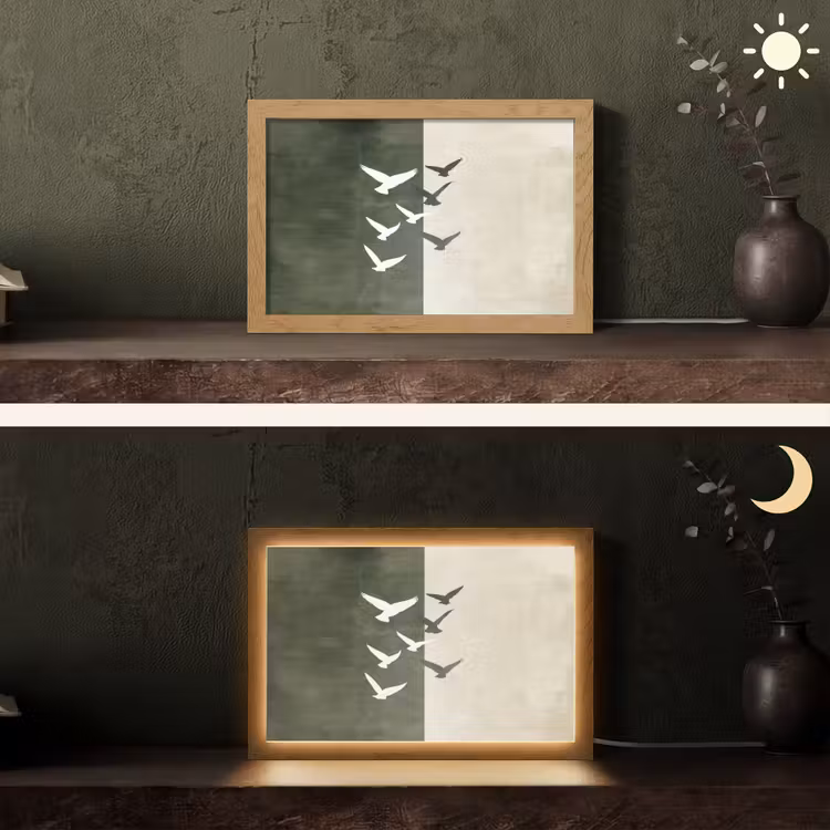 Japandi - Vogel - Groen Light Box met kabel (Tafellamp) klein -sfeer3
