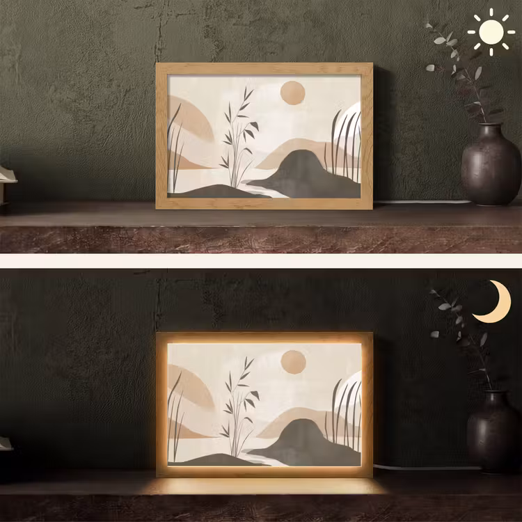 Japandi - Landschap - Beige Light Box met kabel (Tafellamp) klein -sfeer3