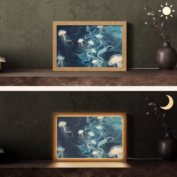 Kwallen - Zee - Wit - Golven Light Box met kabel (Tafellamp) klein -sfeer3