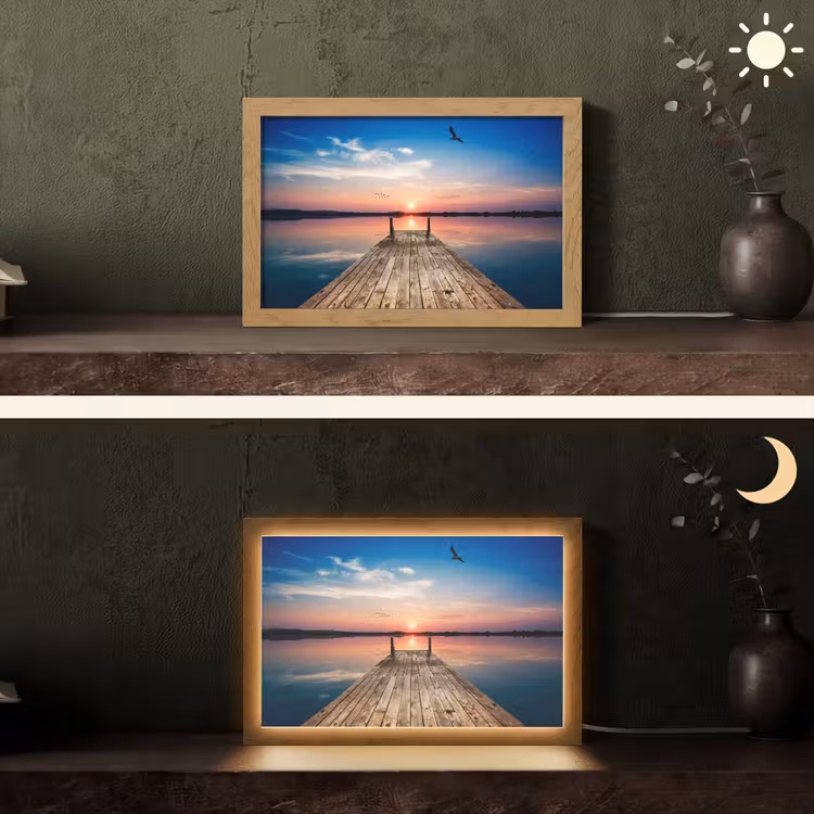 Steiger - Water - Zonsondergang - Roze - Horizon Light Box met kabel (Tafellamp) klein -sfeer3