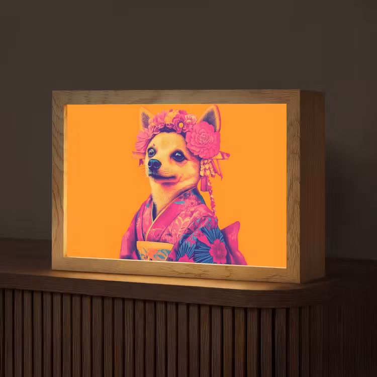 Kimono - Hondje - Bloemenkroon - Oranje Light Box met kabel (Tafellamp) klein -z3d_website