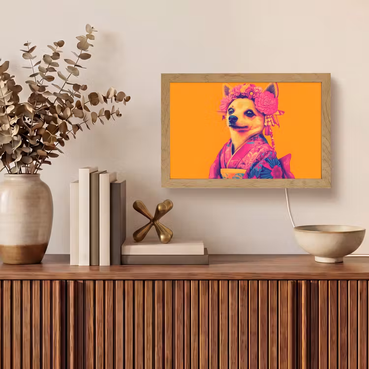 Kimono - Hondje - Bloemenkroon - Oranje Light Box met kabel (Tafellamp) klein -sfeer2