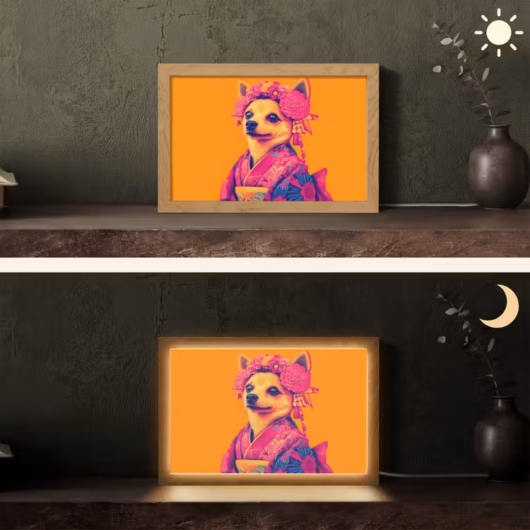 Kimono - Hondje - Bloemenkroon - Oranje Light Box met kabel (Tafellamp) klein -sfeer3