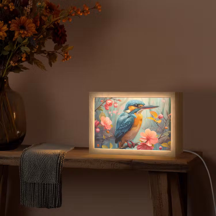 IJsvogel - Bloesem - Natuur - Vogels - Bloemen Light Box met kabel (Tafellamp) klein -sfeer4