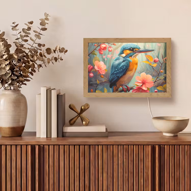 IJsvogel - Bloesem - Natuur - Vogels - Bloemen Light Box met kabel (Tafellamp) klein -sfeer2