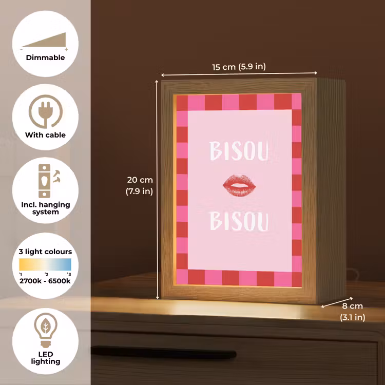 Kiss - Roze - Frans - Valentijn Light Box met kabel (Tafellamp) klein -USP_EN