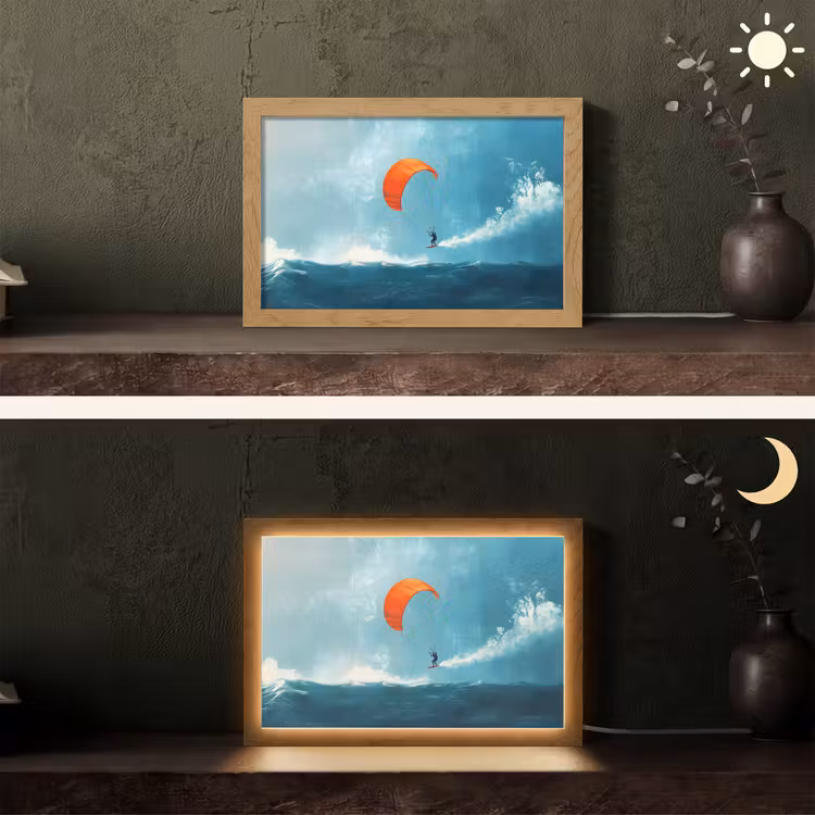 Kitesurfer - Oranje - Zee - Lucht Light Box met kabel (Tafellamp) klein -sfeer3