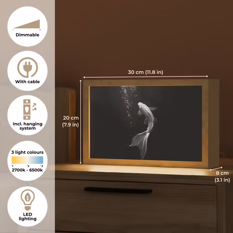 Koi - Vis - Wit - Zwart Light Box met kabel (Tafellamp) klein -USP_EN