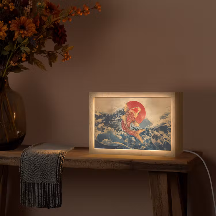 Koi - Zee - Golven - Zon Light Box met kabel (Tafellamp) klein -sfeer4